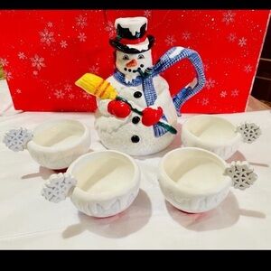 Dept 56 Christmas Tea Set Snowflake the Snowman Teapot and 4 Cups vintage